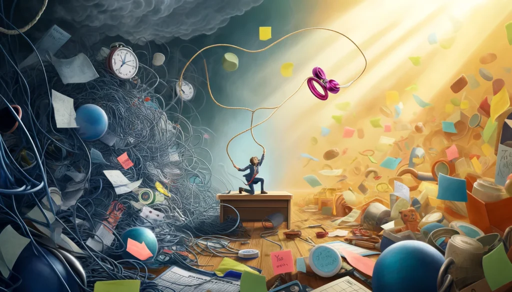 Illustrated image of a person between a dark and light background and a swirl of objects representing things to do all around them